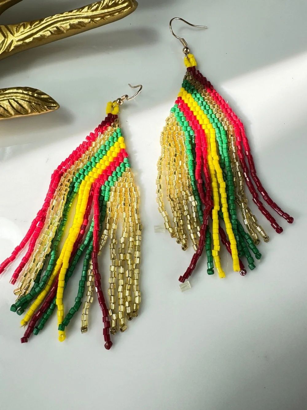 Selena Gold, Green, Yellow & Red Beaded Fringe Earrings